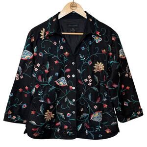 VTG 100% Silk Land Floral Blazer Jacket Colorful Embroidered 3/4 Sleeve Sz Large